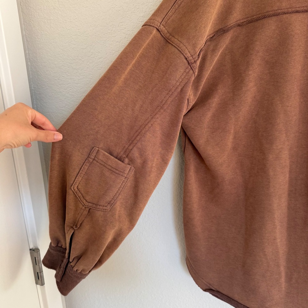 POL Brown Mineral Wash Oversized French Terry Button Down Shacket Medium Boho - Picture 3 of 6